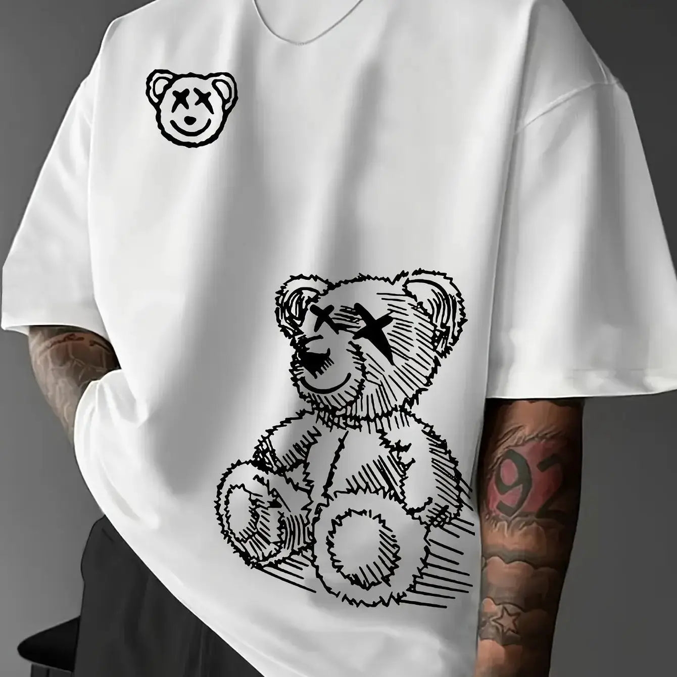 Summer Men's 100 Percent Pure Cotton Casual T Shirt With Cartoon Bear Pattern Round Neck Short Sleeve