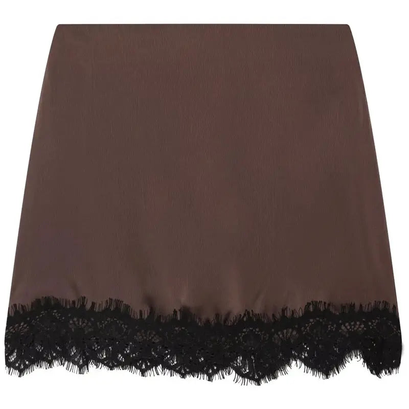 HXAO satin lace skirt shorts in brown with black lace hem