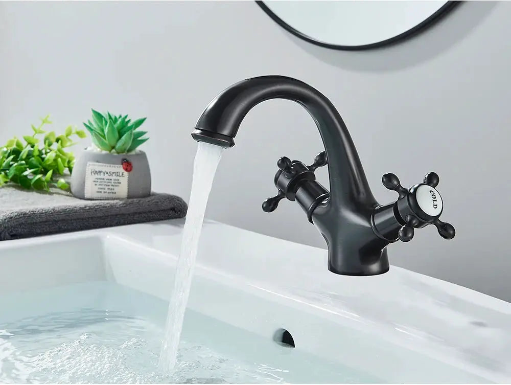 POIQIHY antique black bathroom faucet mixer with two cross handles, deck mounted