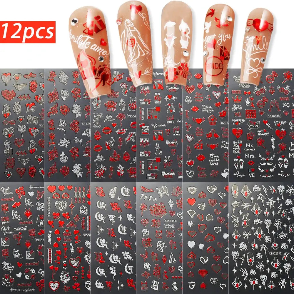 Simples Market 12pcs 3D mixed-color heart nail stickers set for red and pink Valentine manicure