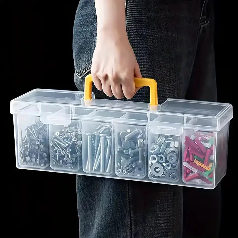Simples Market transparent multi-compartment tool storage box with yellow handle for screws, nuts and bolts.