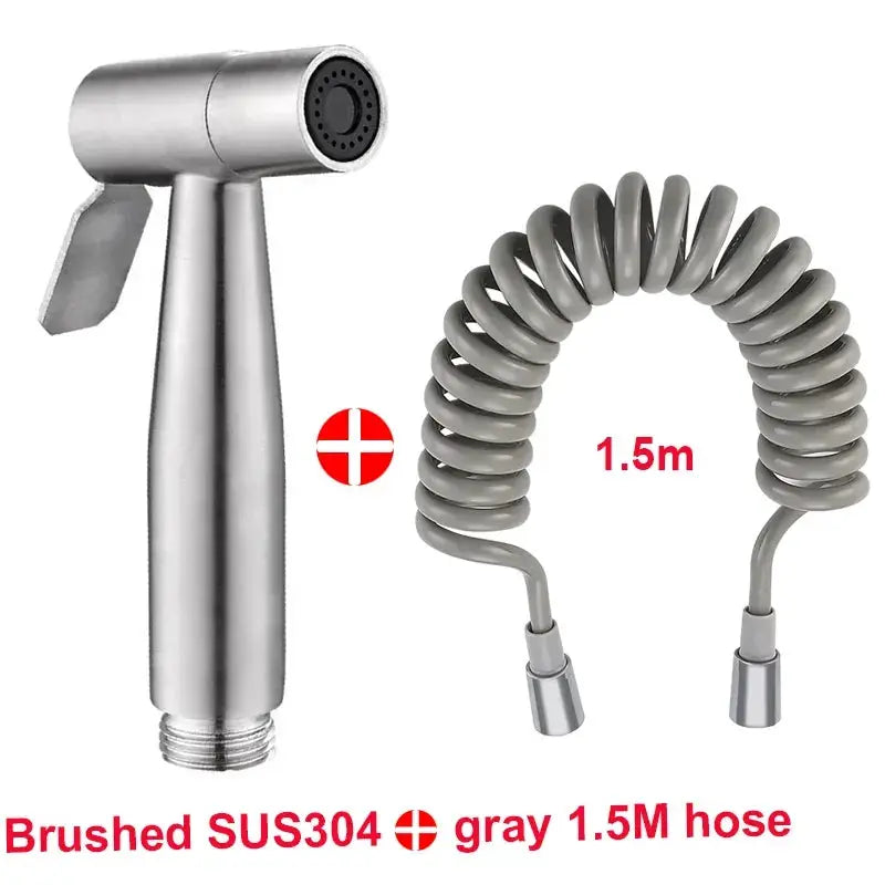 Simples Market handheld sink spray gun with brushed 304 stainless steel head and 1.5m gray coil hose