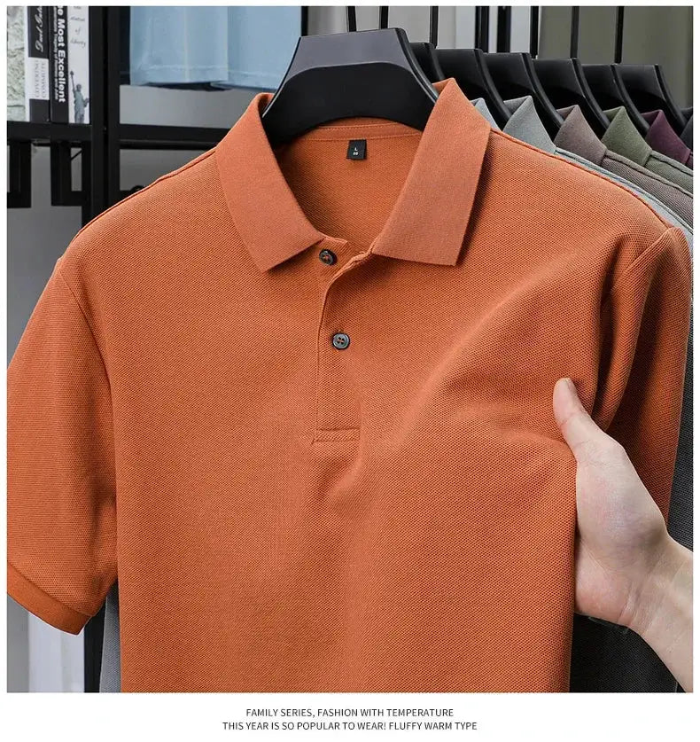 Simples Market men's 100% cotton polo shirt in orange, breathable pique knit, displayed with other colors.