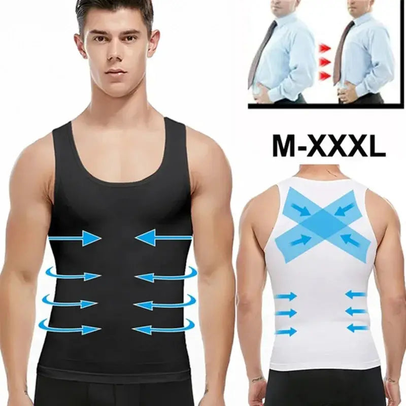 Men's slimming body shaper compression shirt in black and white by Simples Market; abdominal back support, sizes M-XXXL