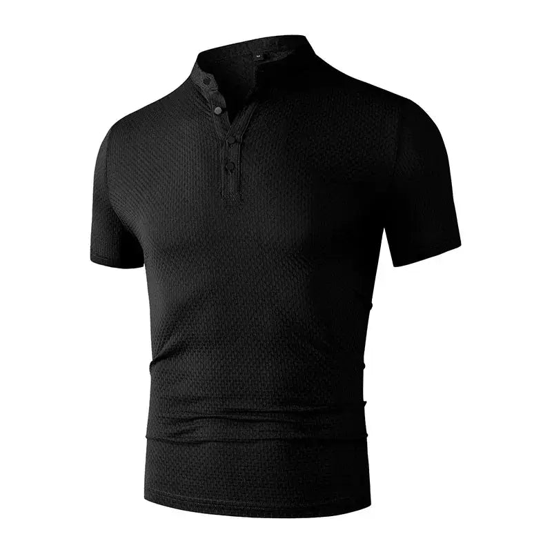 Men's black textured short-sleeve polo shirt, breathable fabric, business casual style