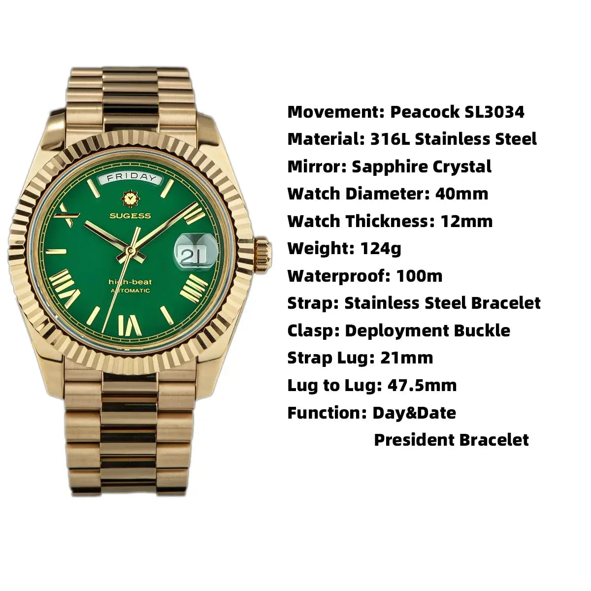 Sugess men's 40mm gold-tone stainless steel watch with green dial, day/date window, sapphire crystal