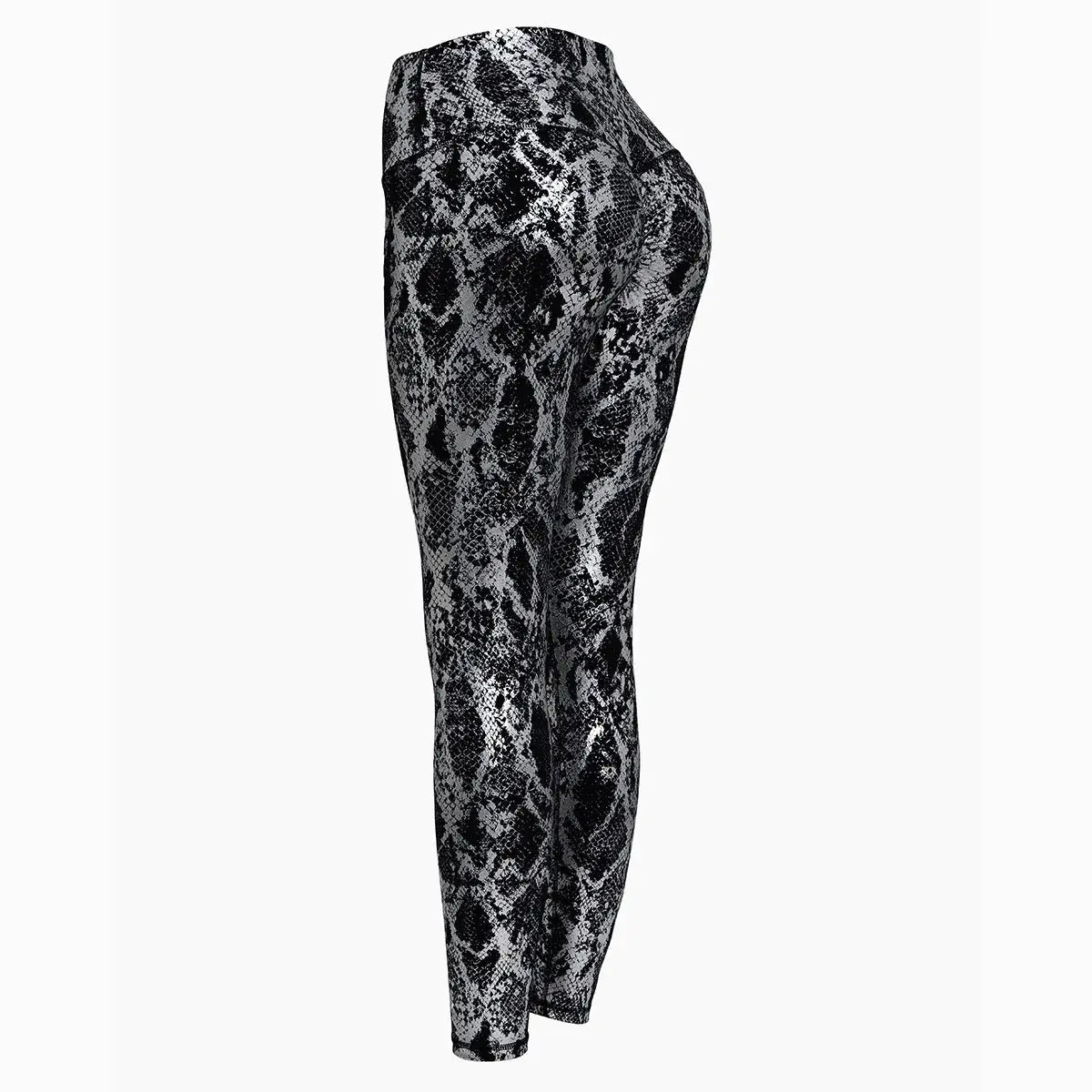 Snake-printed high-waist yoga pants for women by Simples Market; stretchy black-gray leggings