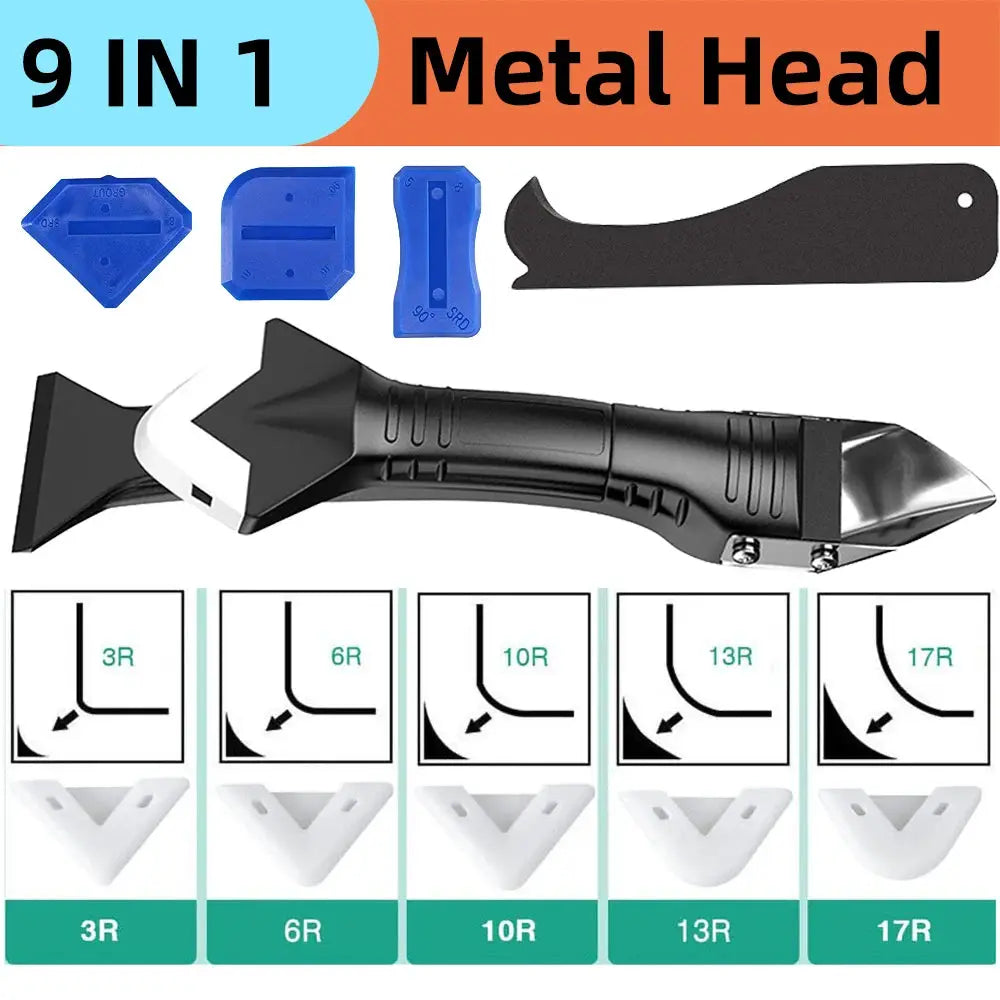 Simples Market 9-in-1 silicone scraper sealant tool set with black handle and blue heads; includes five corner tools