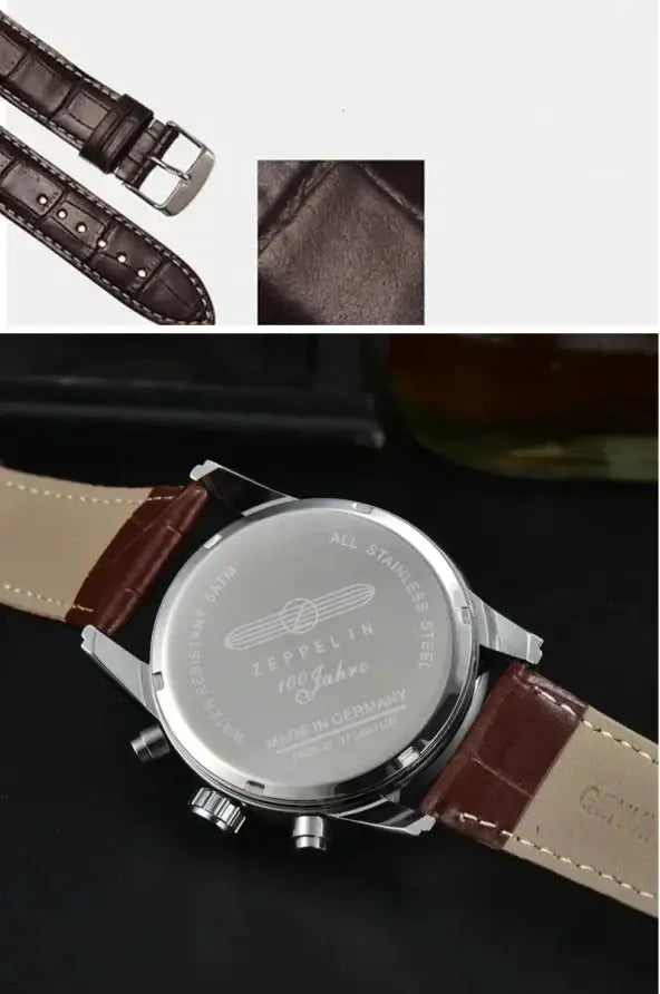 Zeppelin commemorative men's automatic watch with brown leather strap and stainless steel case