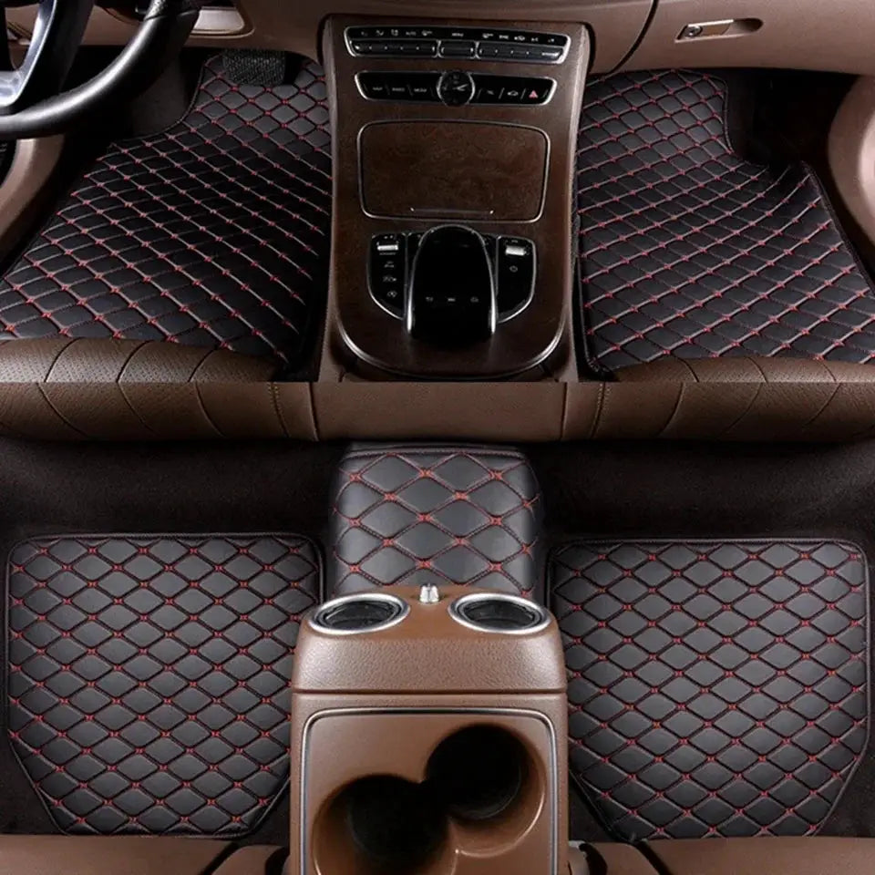 Car floor mats 5-piece set, black PU leather with red quilting, waterproof, Simples Market