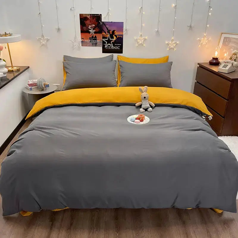 Bonenjoy dark gray duvet cover with mustard-yellow edge for queen/king bed; two gray pillowcases.