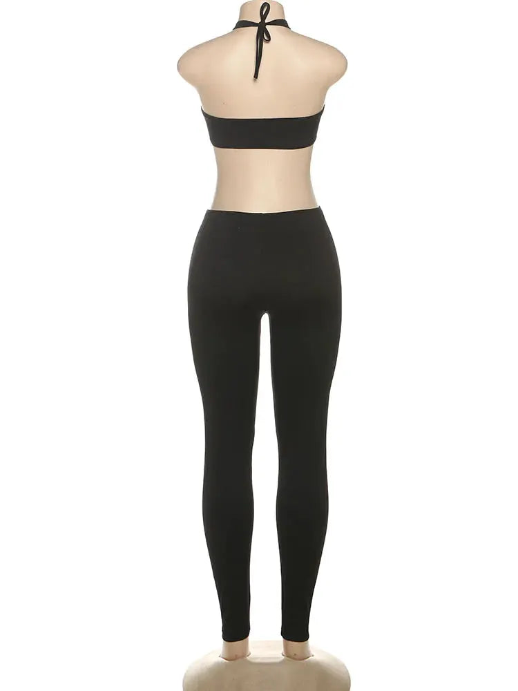 Kliou cross-cut backless halter jumpsuit, black elastic bandage one-piece for women
