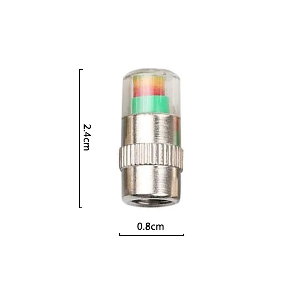 Simples Market tire valve cap gauge set, 4 pcs, metal body with clear top and multicolor indicator bands.