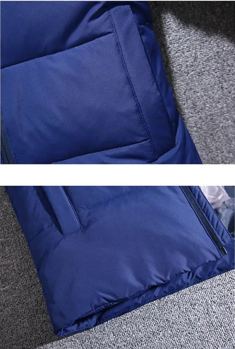 Simples Market men's blue down jacket, hooded padded puffer with front zipper and quilted panels