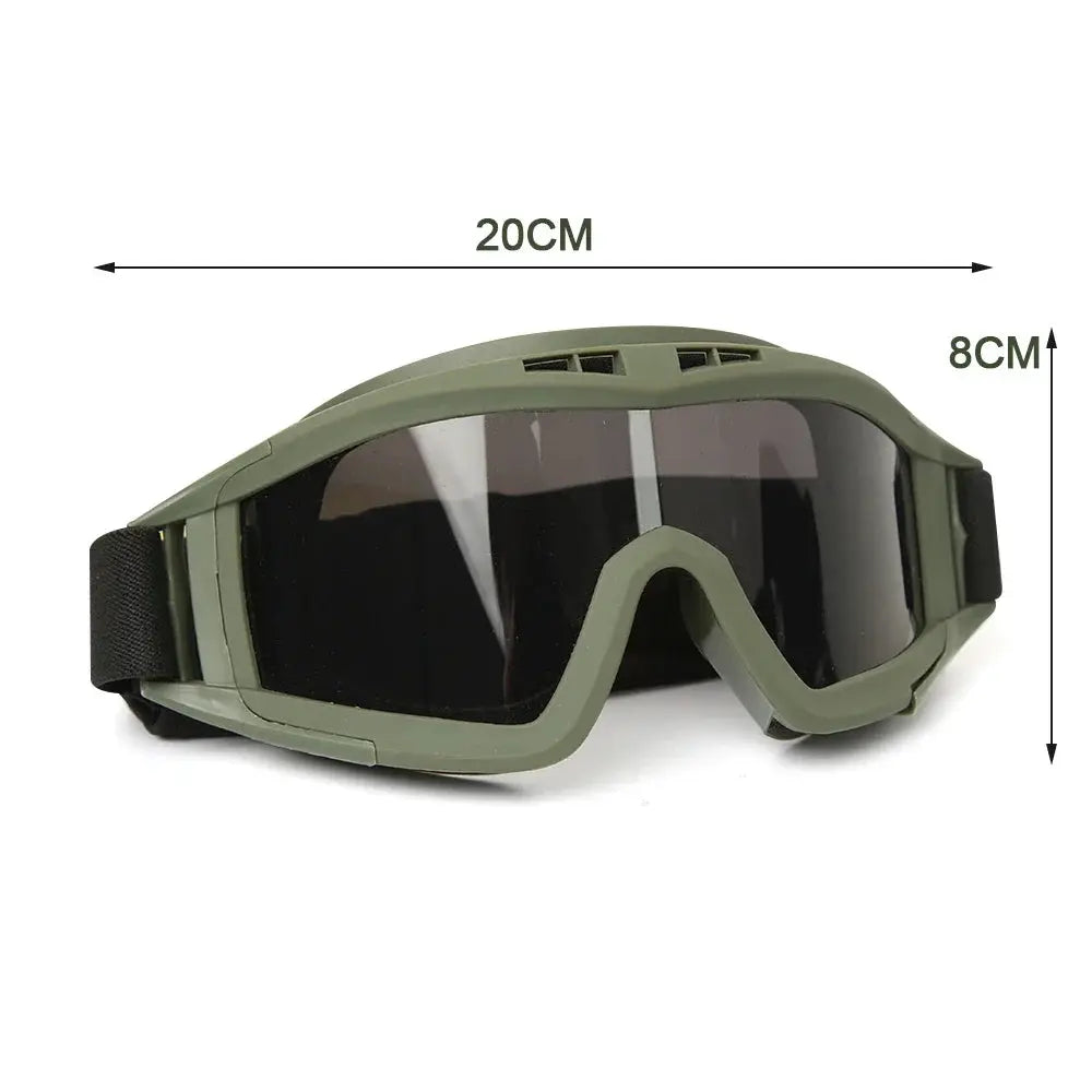 Airsoft tactical goggles olive green with adjustable strap and windproof, dustproof lenses.