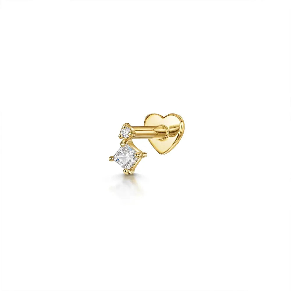Gold-tone heart-back stud earring with a square-cut zircon gemstone