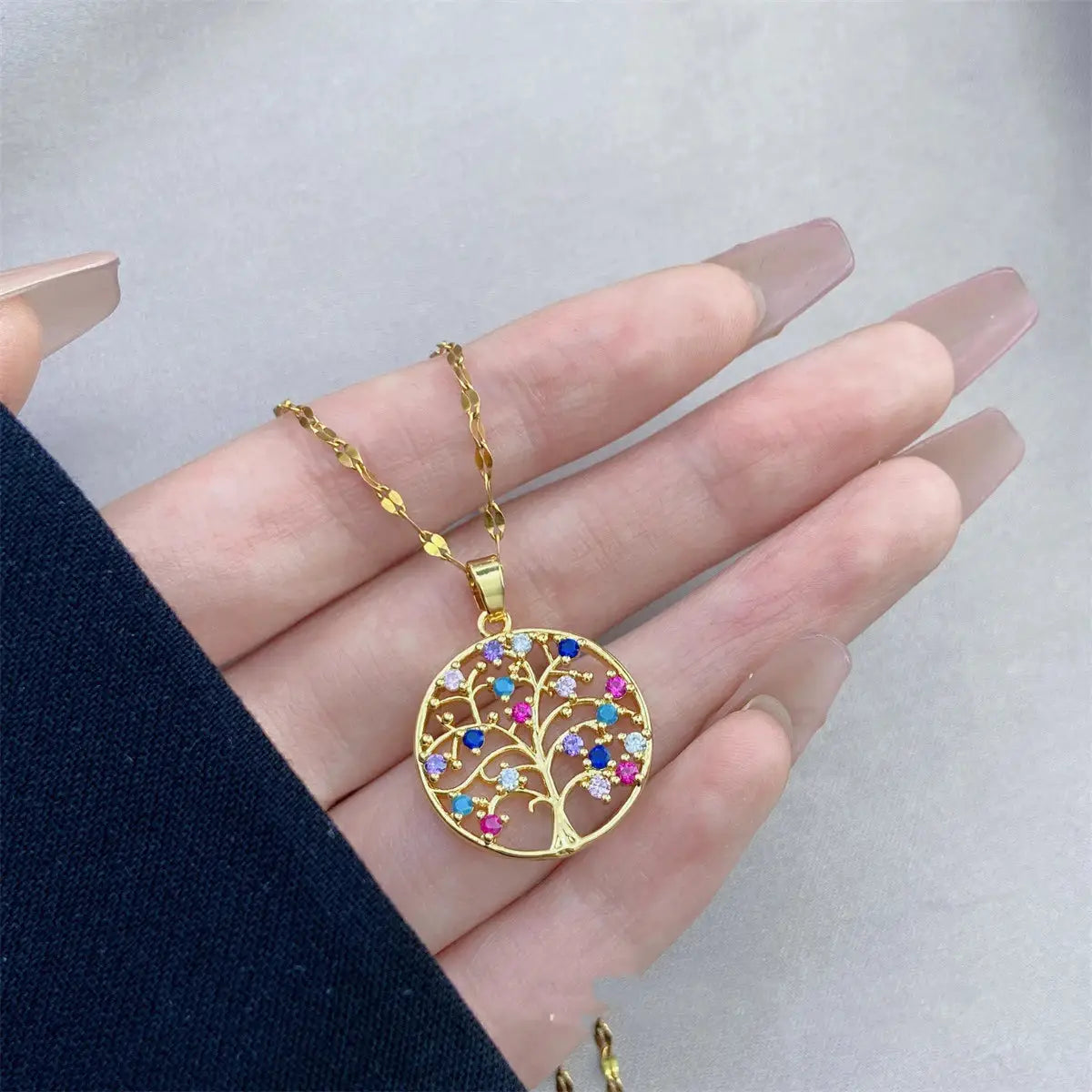 Tree of Life pendant necklace, gold-tone with multicolor rhinestones on a stainless steel chain