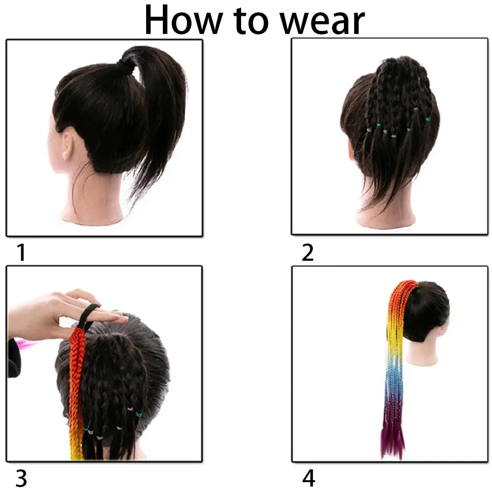 Simples Market synthetic rainbow gradient braided ponytail extensions with elastic band, 24 inches