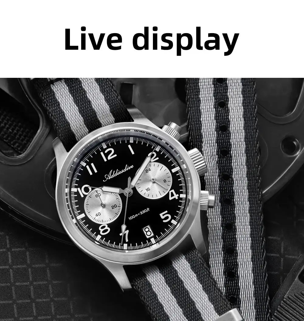 Addiesdive men's 39mm chronograph watch with black dial, silver stainless steel case, striped NATO strap