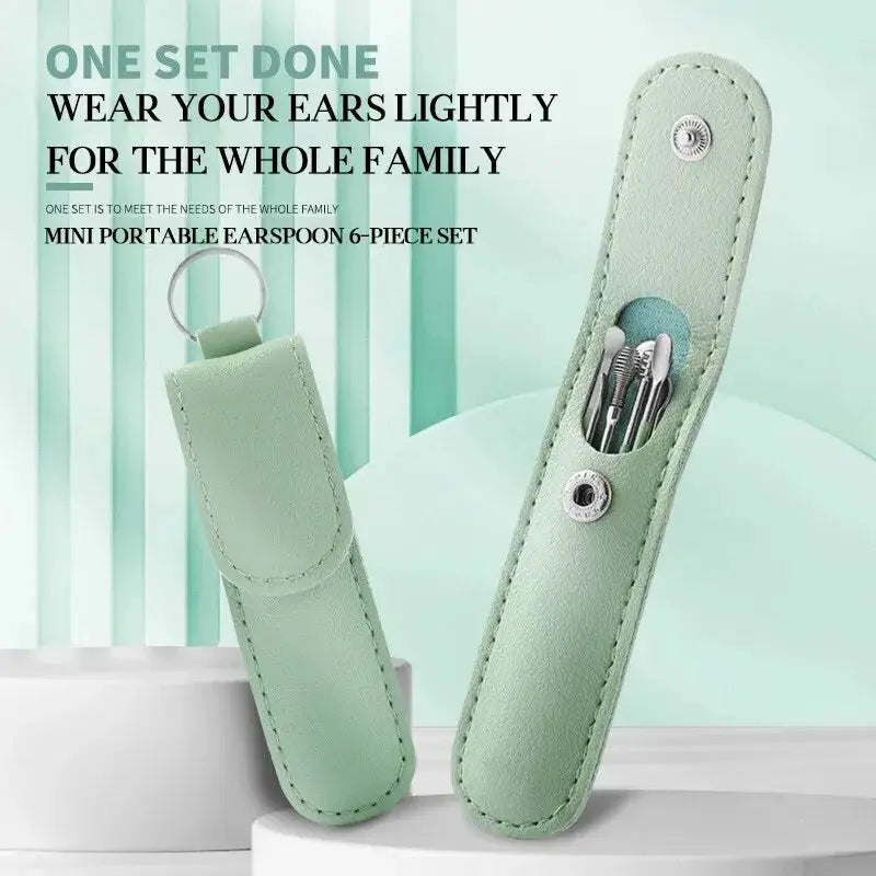 Six Piece Stainless Steel Ear Picking Tool Set With Leather Bag Ear Cleaning Spoon Kit Easy To Carry At Home