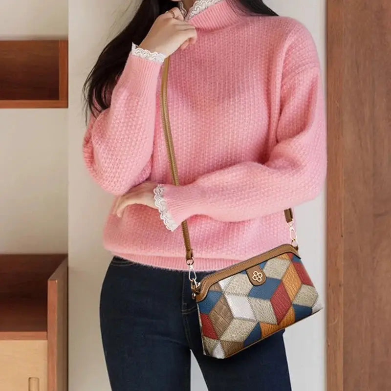 Simples Market cross-body bag; small multicolor geometric patchwork shoulder bag with brown strap