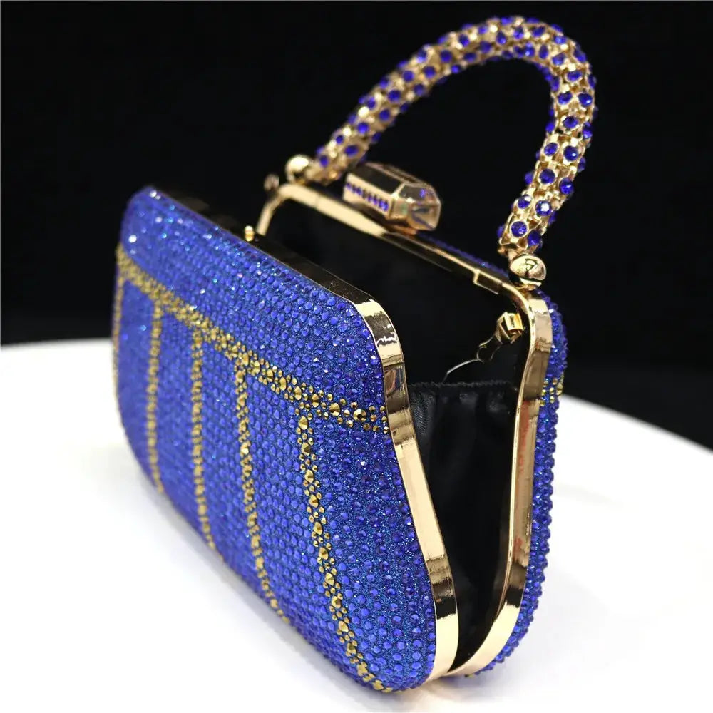 Blue rhinestone evening clutch with gold-tone frame and jeweled handle