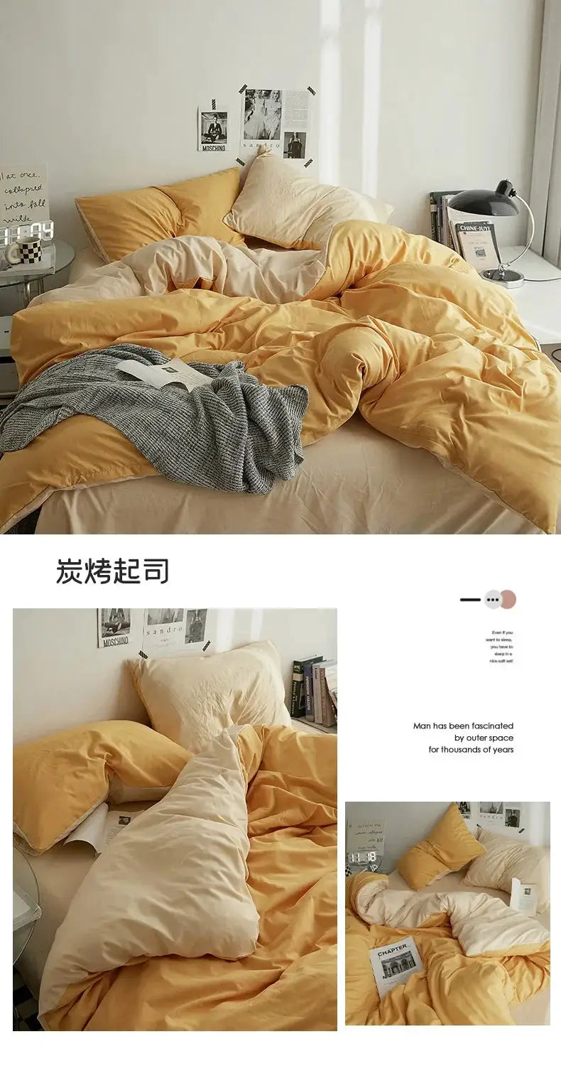 4-piece solid color cotton dorm bedding set in warm mustard with beige pillowcases and duvet cover