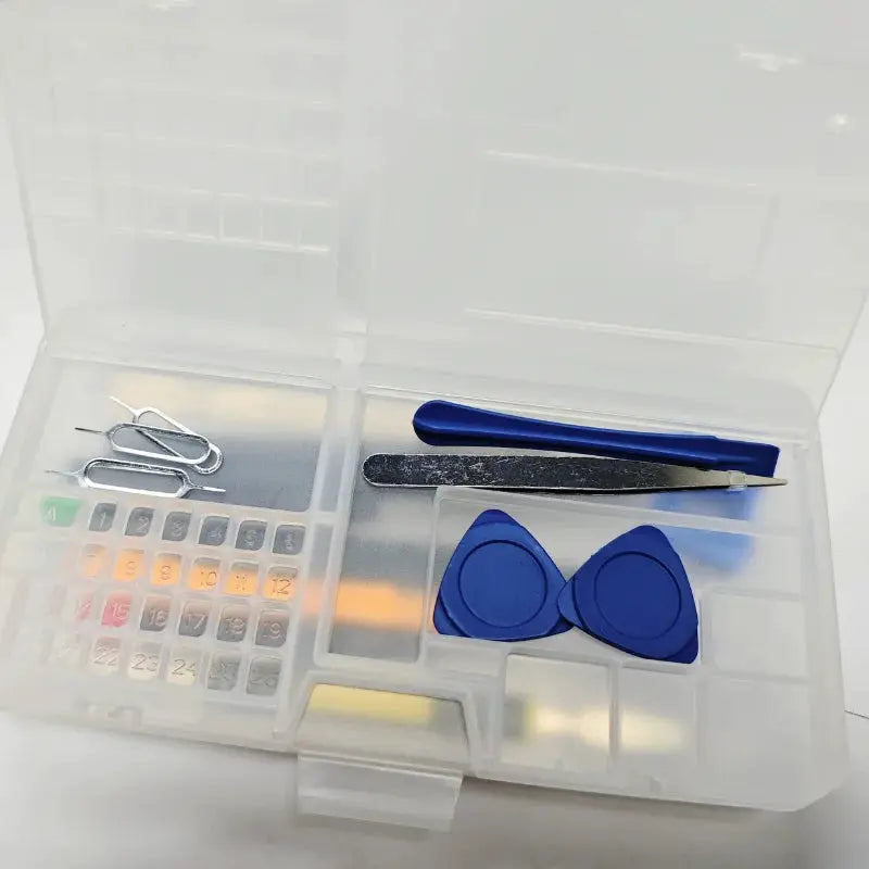 Professional tools storage box, double-layer repair organizer; transparent case with blue tweezers and blue wedge caps.