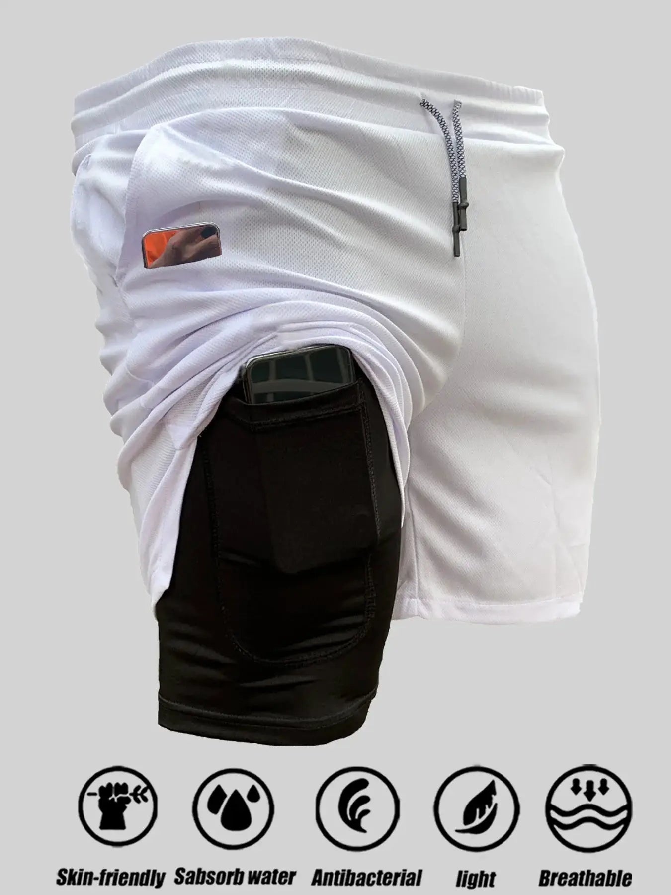 Men's 2-in-1 double-layer quick-dry breathable white shorts with black inner compression and zip pocket