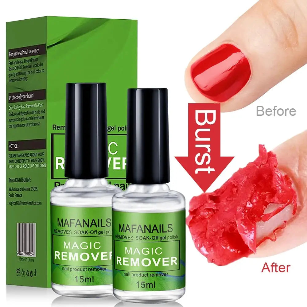 MAFANAILS Magic Remover nail gel polish remover, 2×15ml green-labeled bottles with black caps beside a green box
