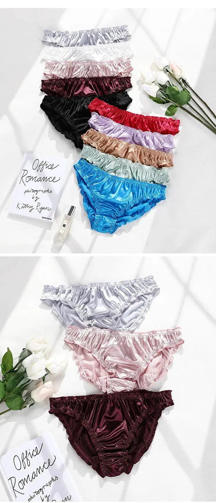 Simples Market women's satin low-waist panties set; breathable, stretchy briefs in assorted colors (12-pack).