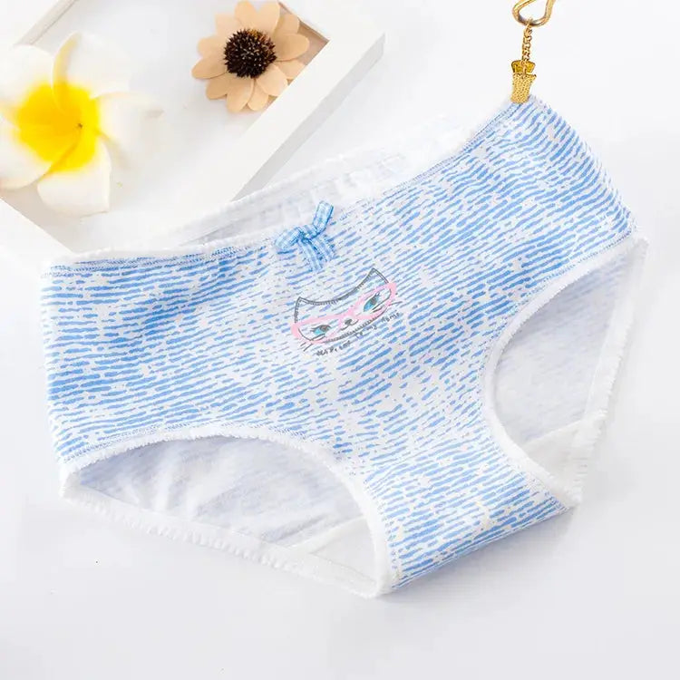 Women's blue striped cotton panties with cartoon cat face and bow detail