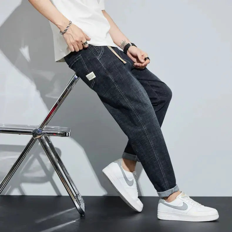 Men's dark blue fleece jeans, loose straight fit, casual winter pants