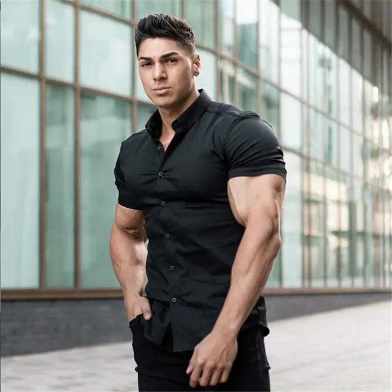 Men's super slim-fit black short-sleeve dress shirt; versatile casual/formal wear