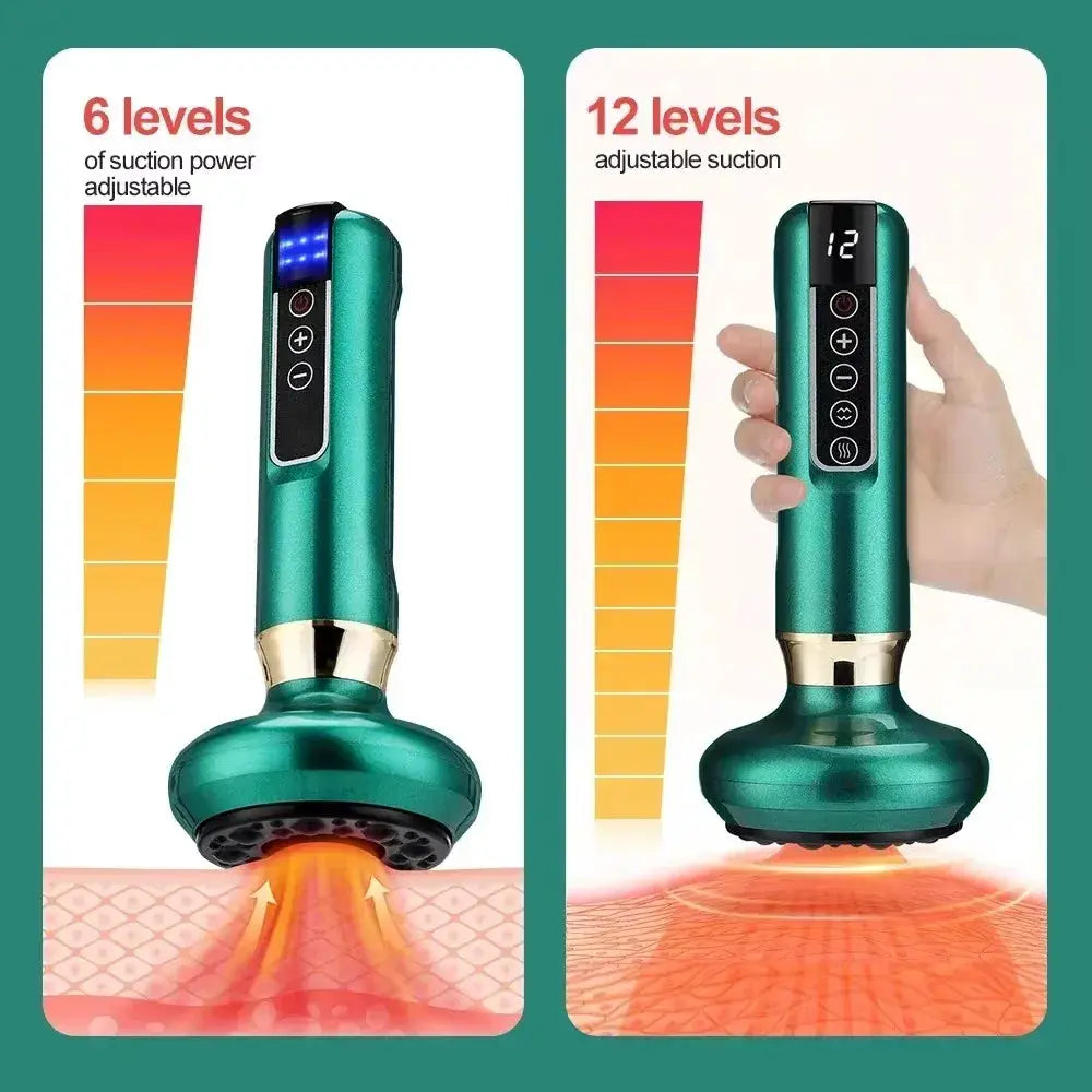 Tricolor electric massager with green body, black control panel, and vacuum suction head for cellulite treatment
