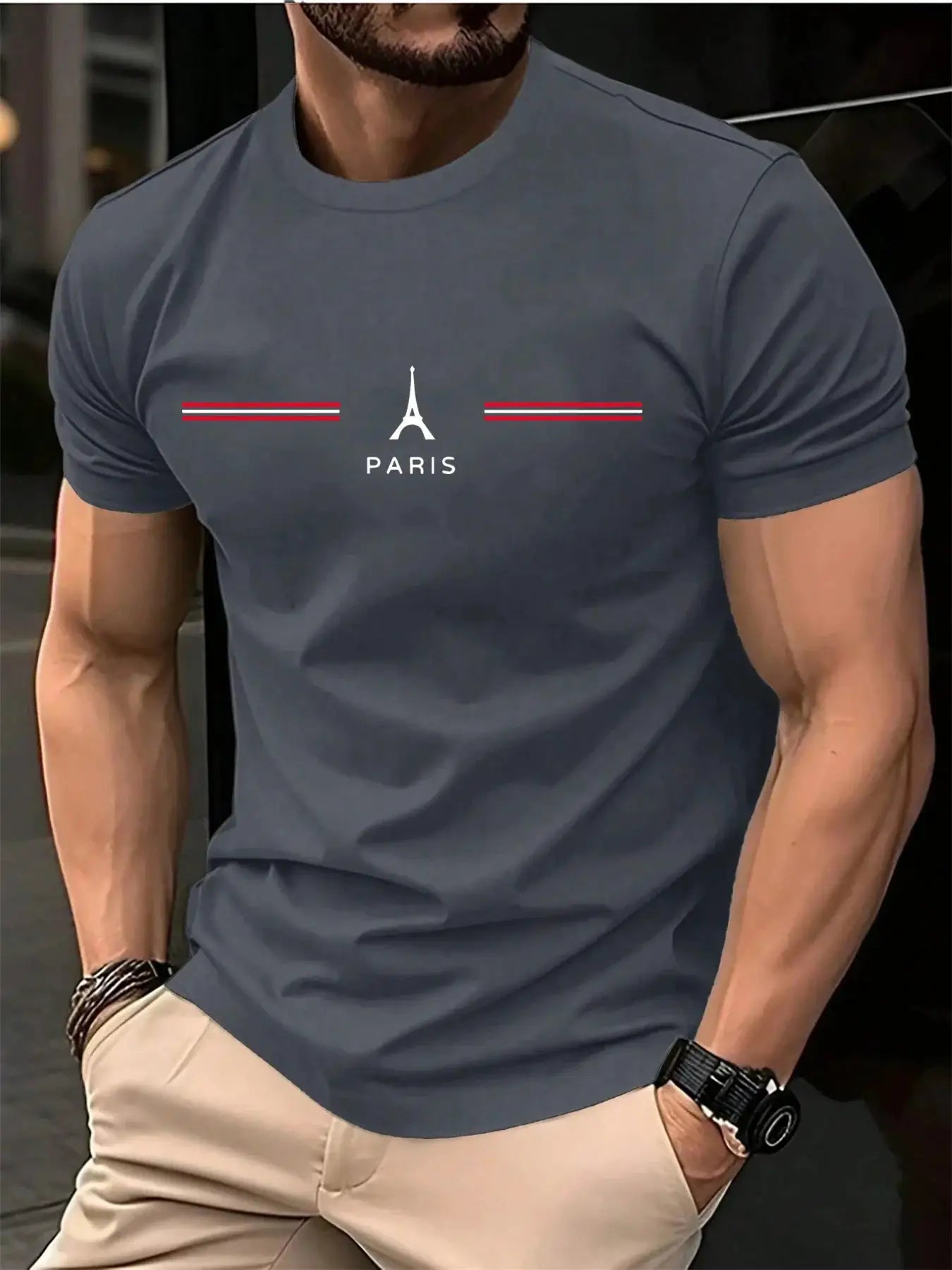 Men's 100 Percent Pure Cotton Summer Loose Oversized Casual T Shirt With Paris Letter Print Round Neck Short Sleeves