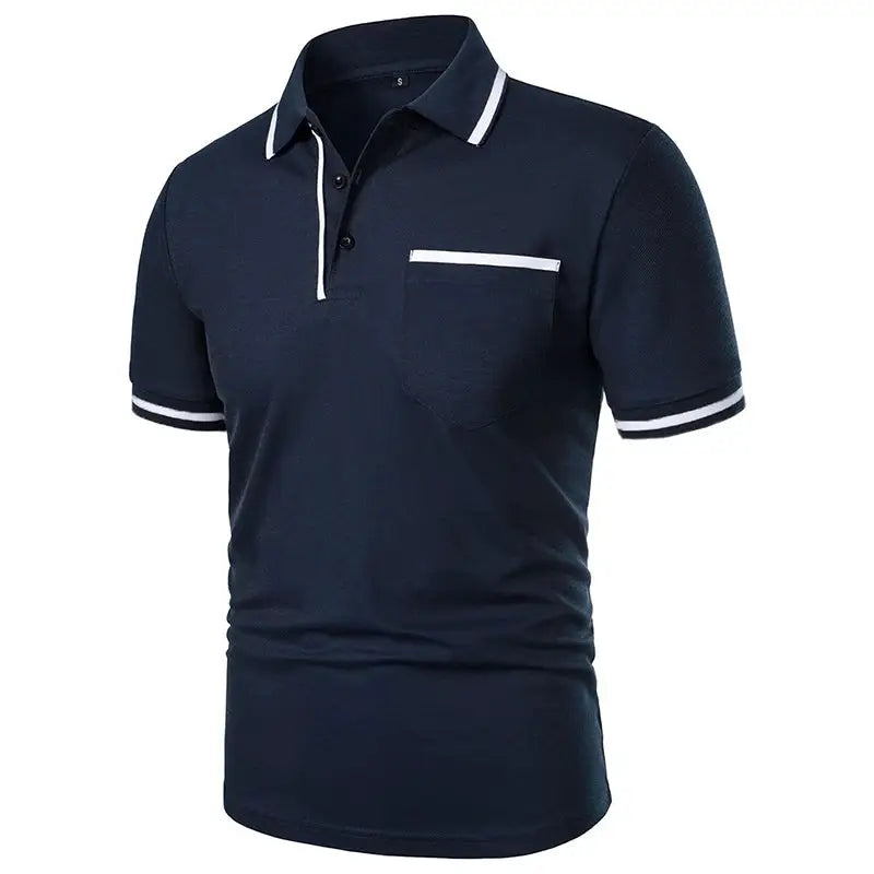 Men's navy polo shirt with white collar and sleeve trim and chest pocket.