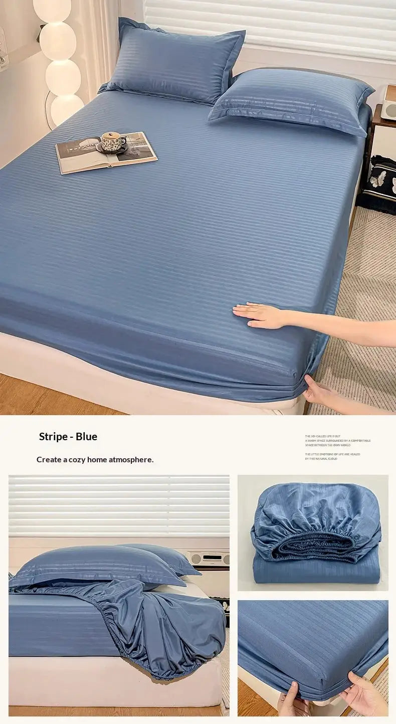 Blue fitted bed sheet with elastic edge for single to king beds, soft solid color mattress cover.
