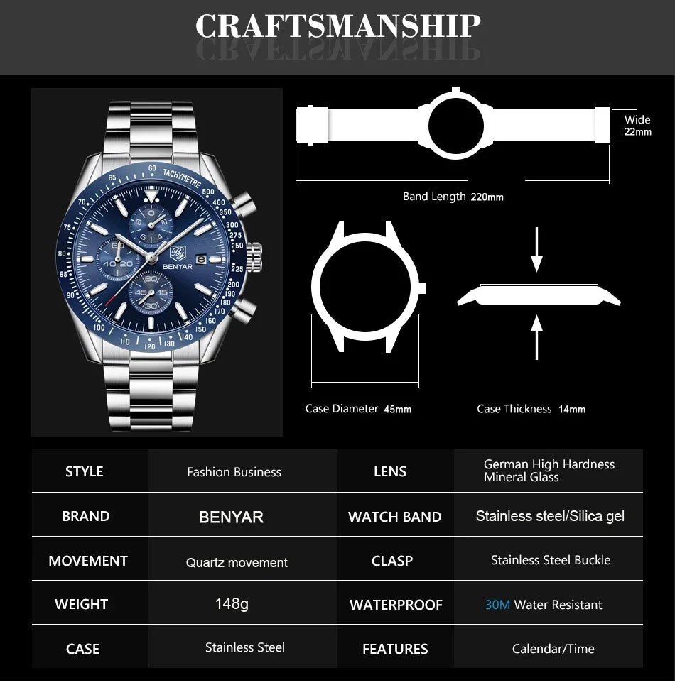 Benyar men's stainless steel chronograph watch with blue dial, 30m water resistant