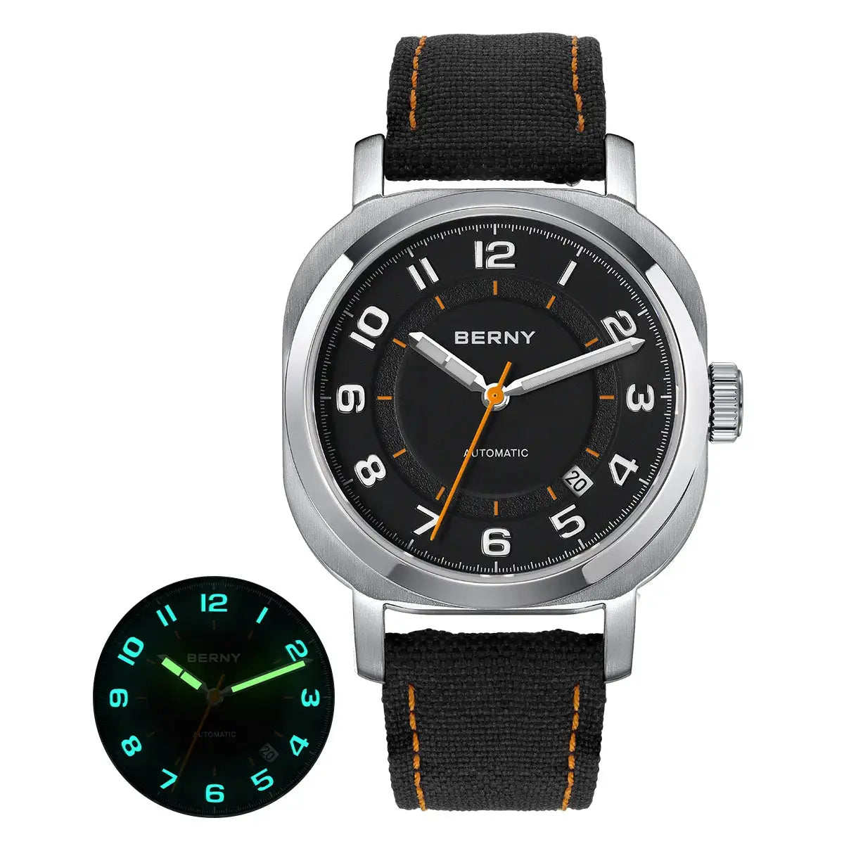 BERNY women's mechanical wristwatch with sapphire crystal, black dial, silver case, and fabric strap