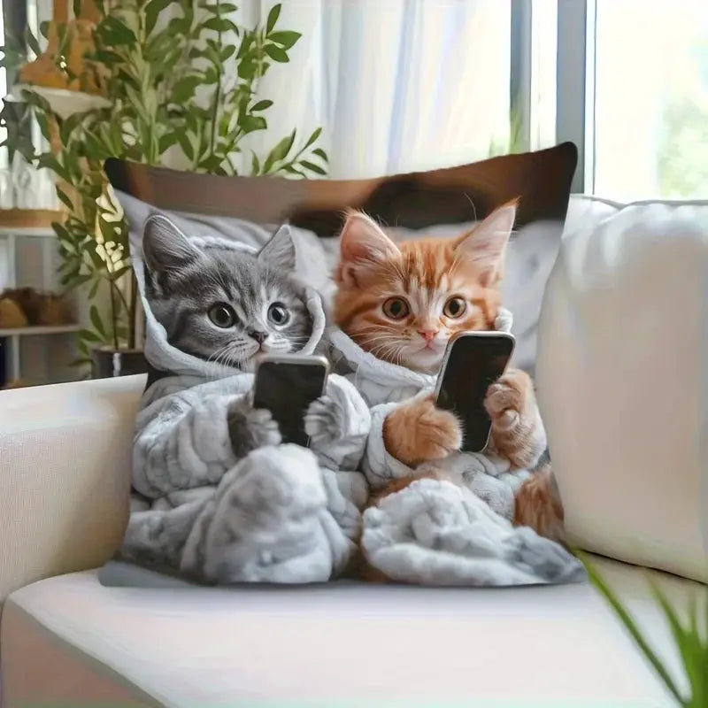 Vibrant Bohemian Style Pillow Cover by Simples Market; two kittens in hoodies holding smartphones