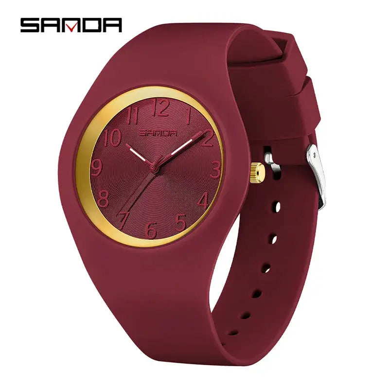 SANDA 6186 simple luxury student quartz watch with maroon silicone strap and gold-tone bezel