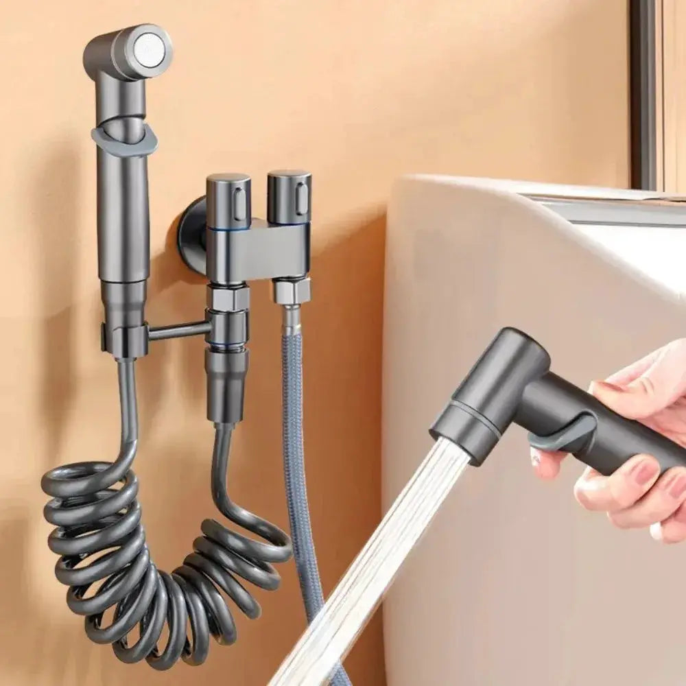 Simples Market handheld toilet bidet set with chrome finish, hot and cold water, dual valves, and coiled hose.