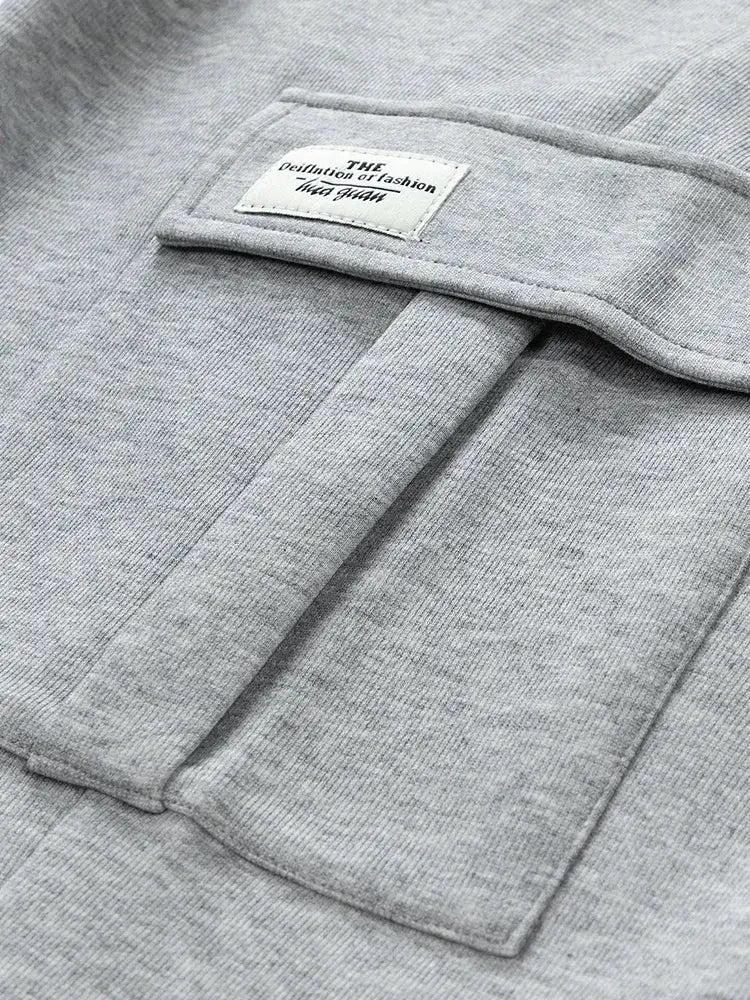 Men's 8XL light gray cotton sweatpants by Simples Market with multi-pocket design and drawstring waist.