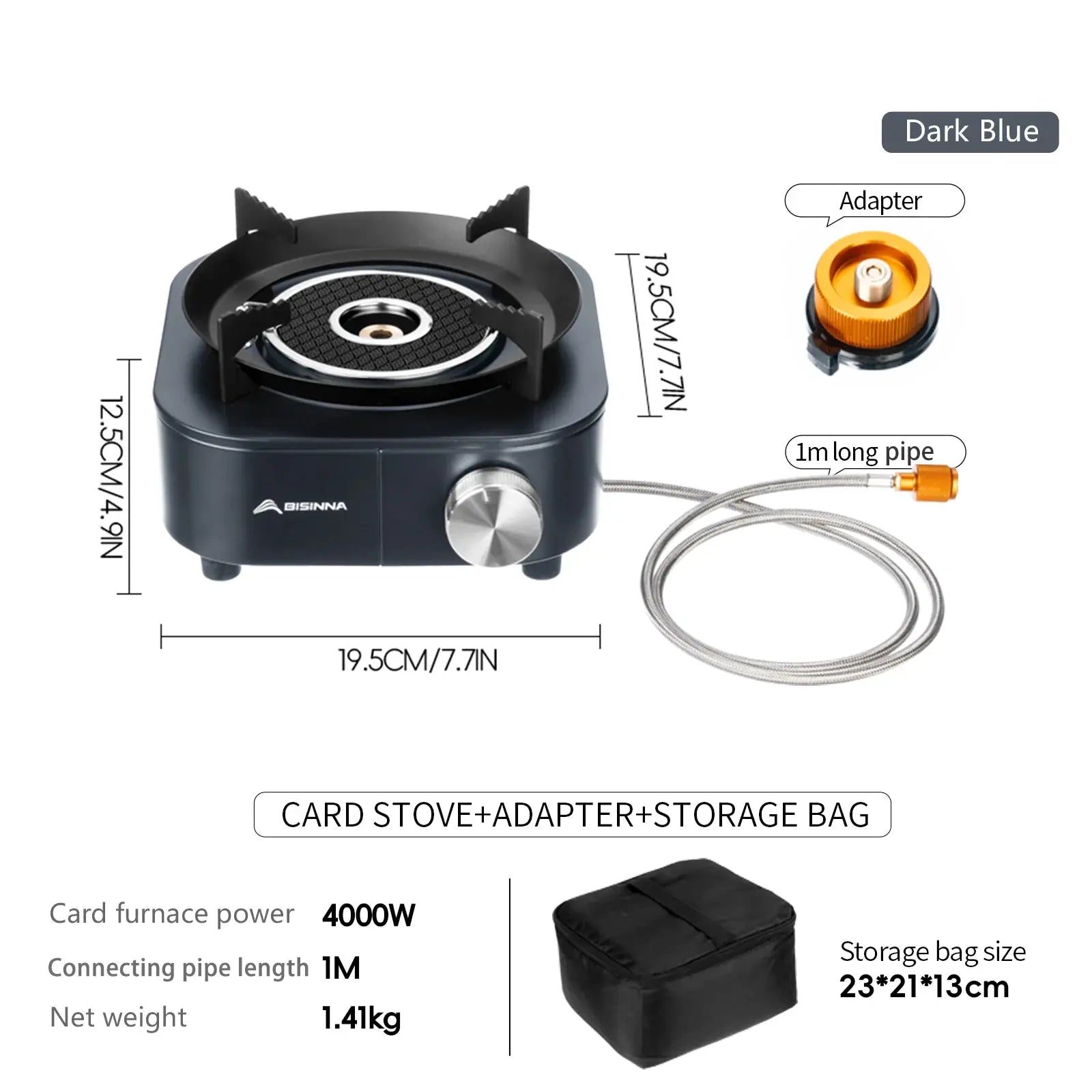 BISINNA 4000W portable infrared stove, dark blue with adapter and 1m hose, storage bag included