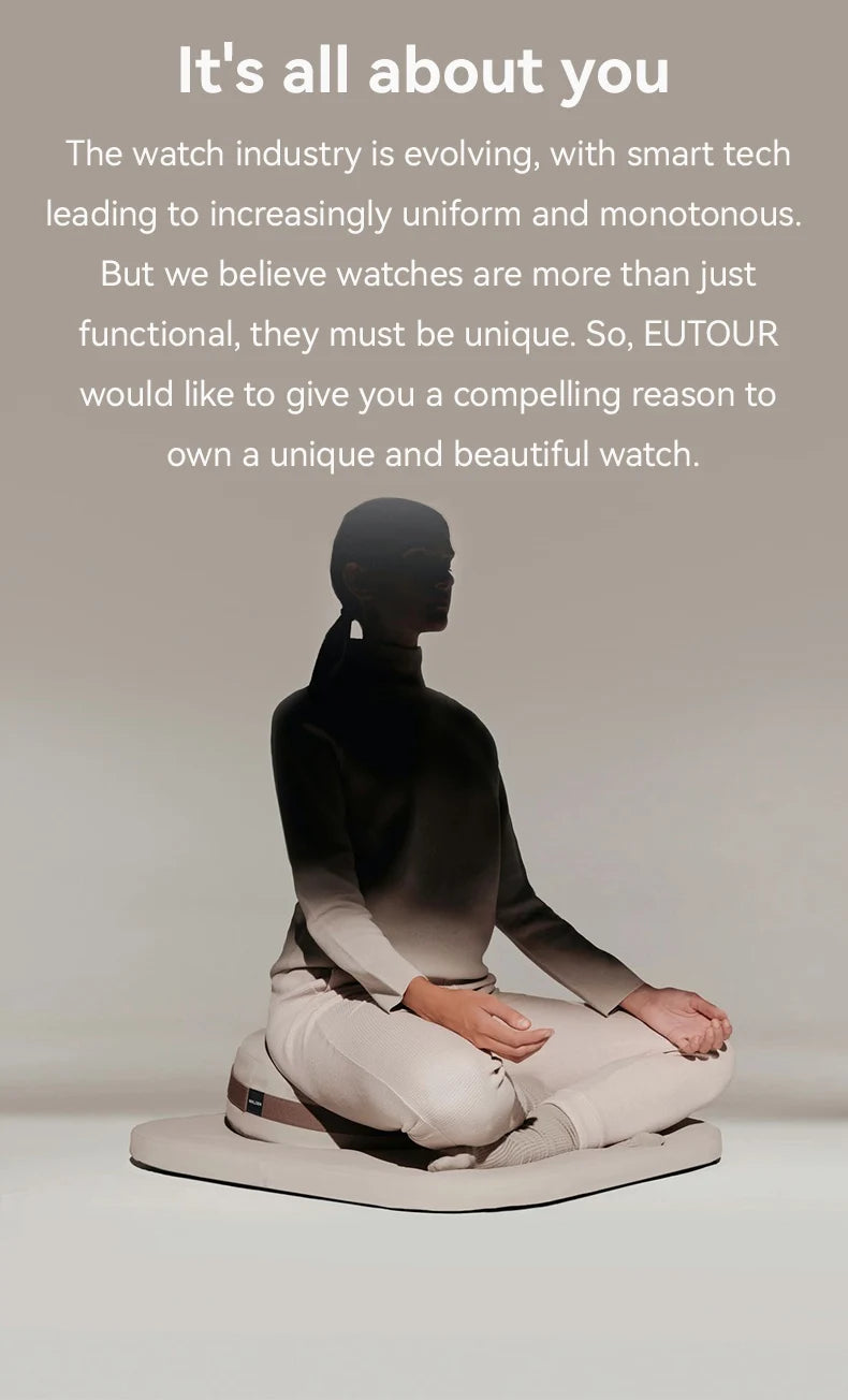 EUTOUR men's watch banner ad on a beige gradient meditation scene.