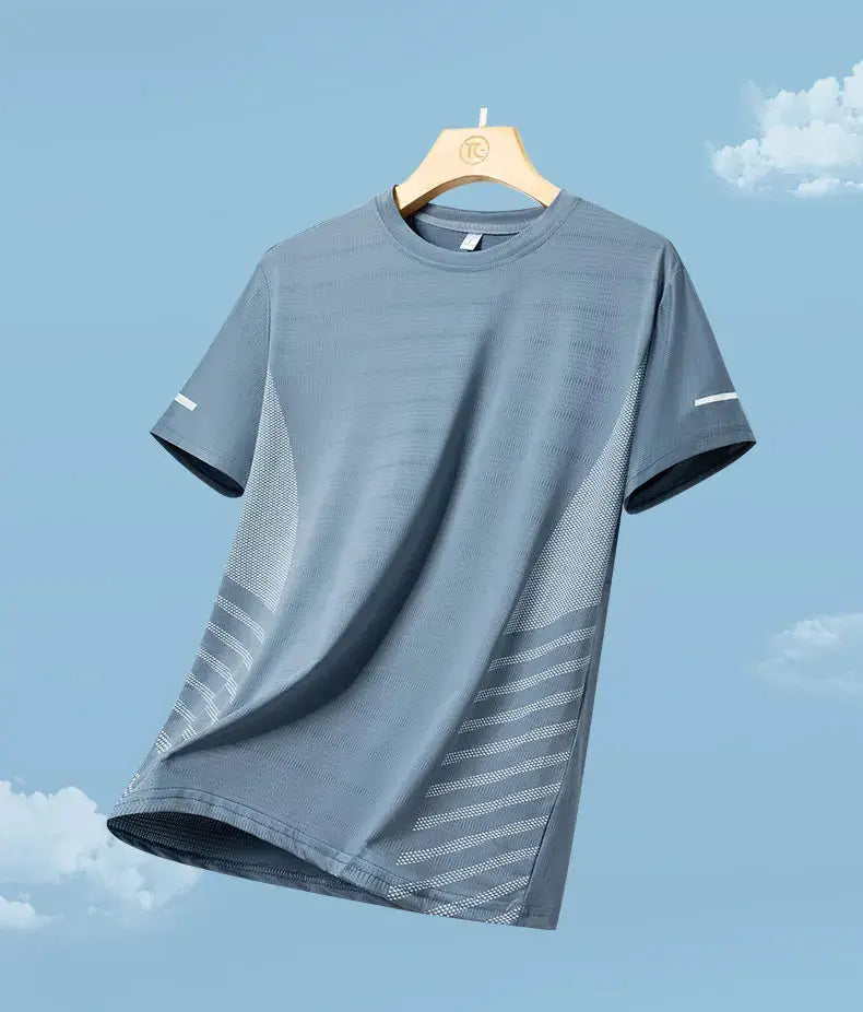 Simples Market running T-shirt, men's blue-gray ice-silk quick-dry short-sleeve with reflective accents.