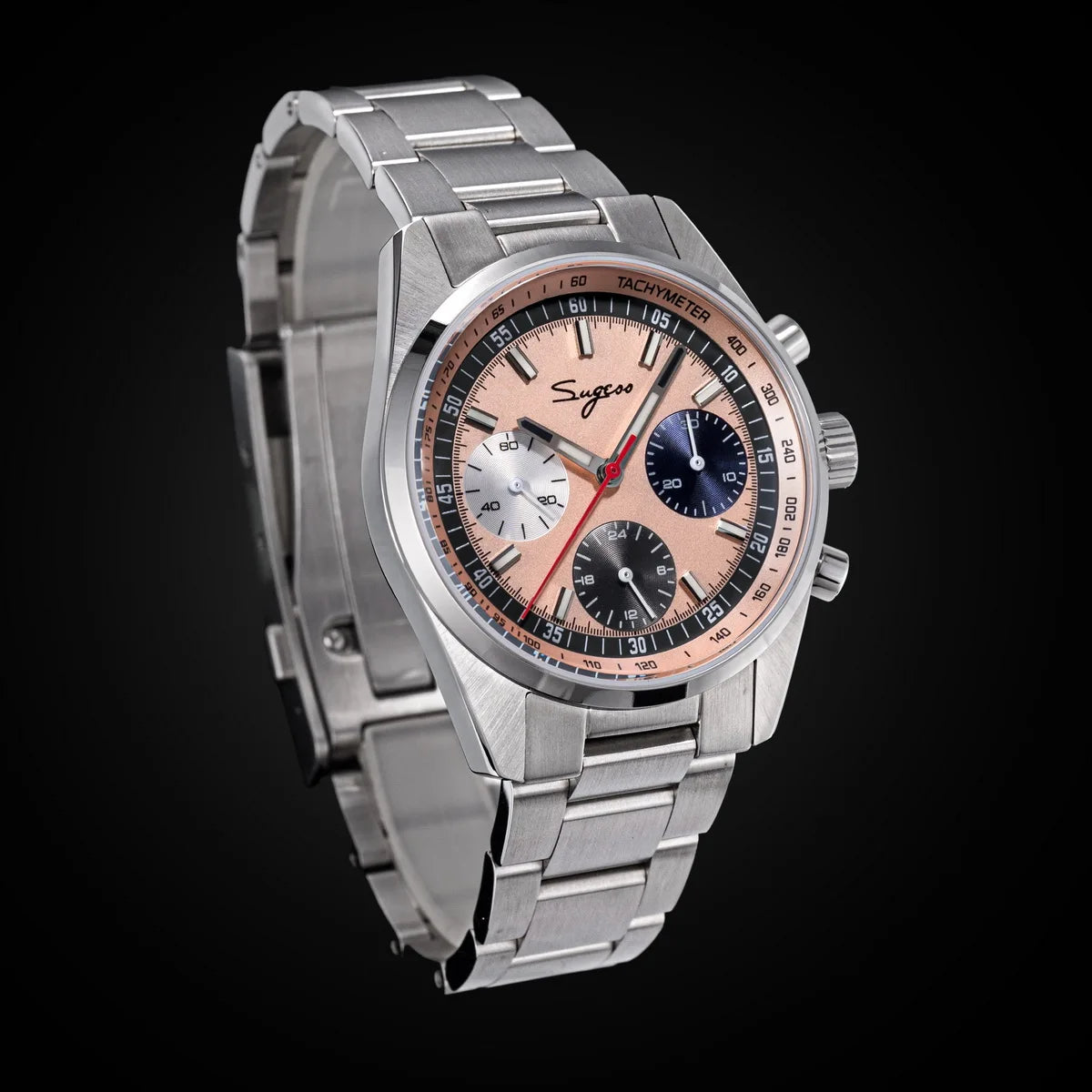 Sugess men's chronograph watch on stainless steel bracelet with rose-gold dial and three subdials