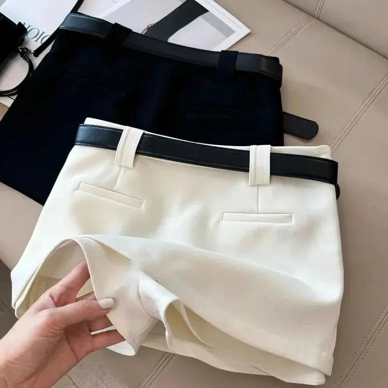 A-line belted office skirts, two-tone black and white (set of 2)