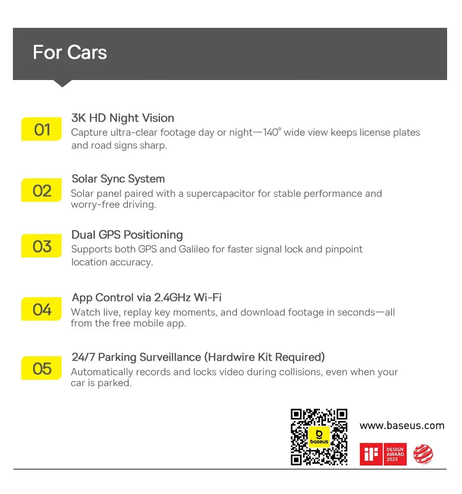 Baseus 3K Dash Cam VD1 front/rear car camera with GPS Galileo, built-in supercapacitor, 24/7 parking